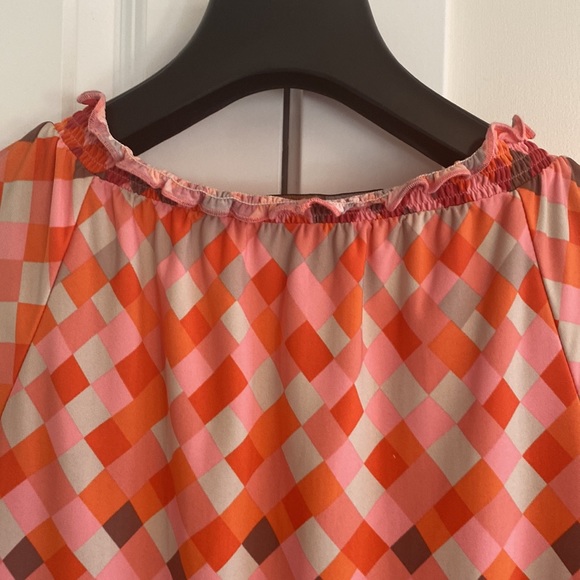 BCBG MAXAZRIA Chic Orange Square Geometric Print Stretch Blouse - Picture 3 of 7